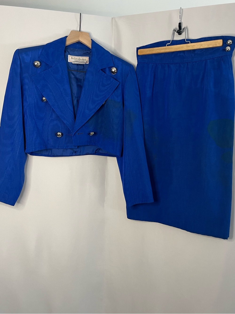 Vintage Saint Laurent Electric BlueCropped Double-Breasted Blazer & Pencil Skirt